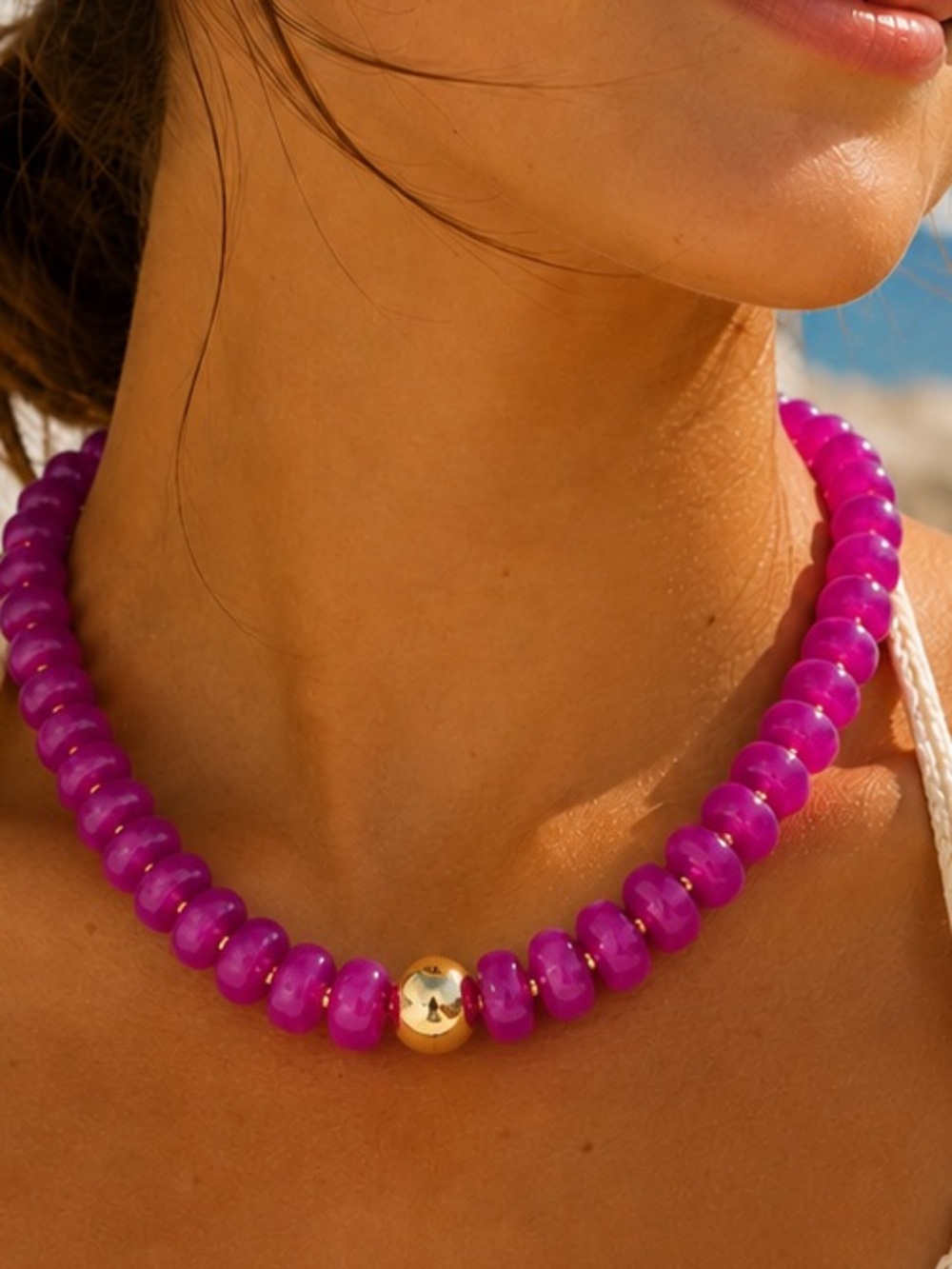 Hot Pink Beaded Necklace with Gold Accent